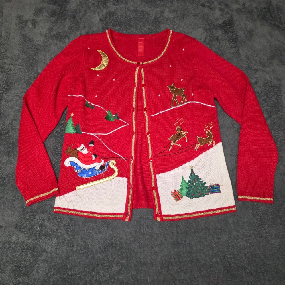 Holiday Sweater Womens Large Red Santa Deer Cardigan